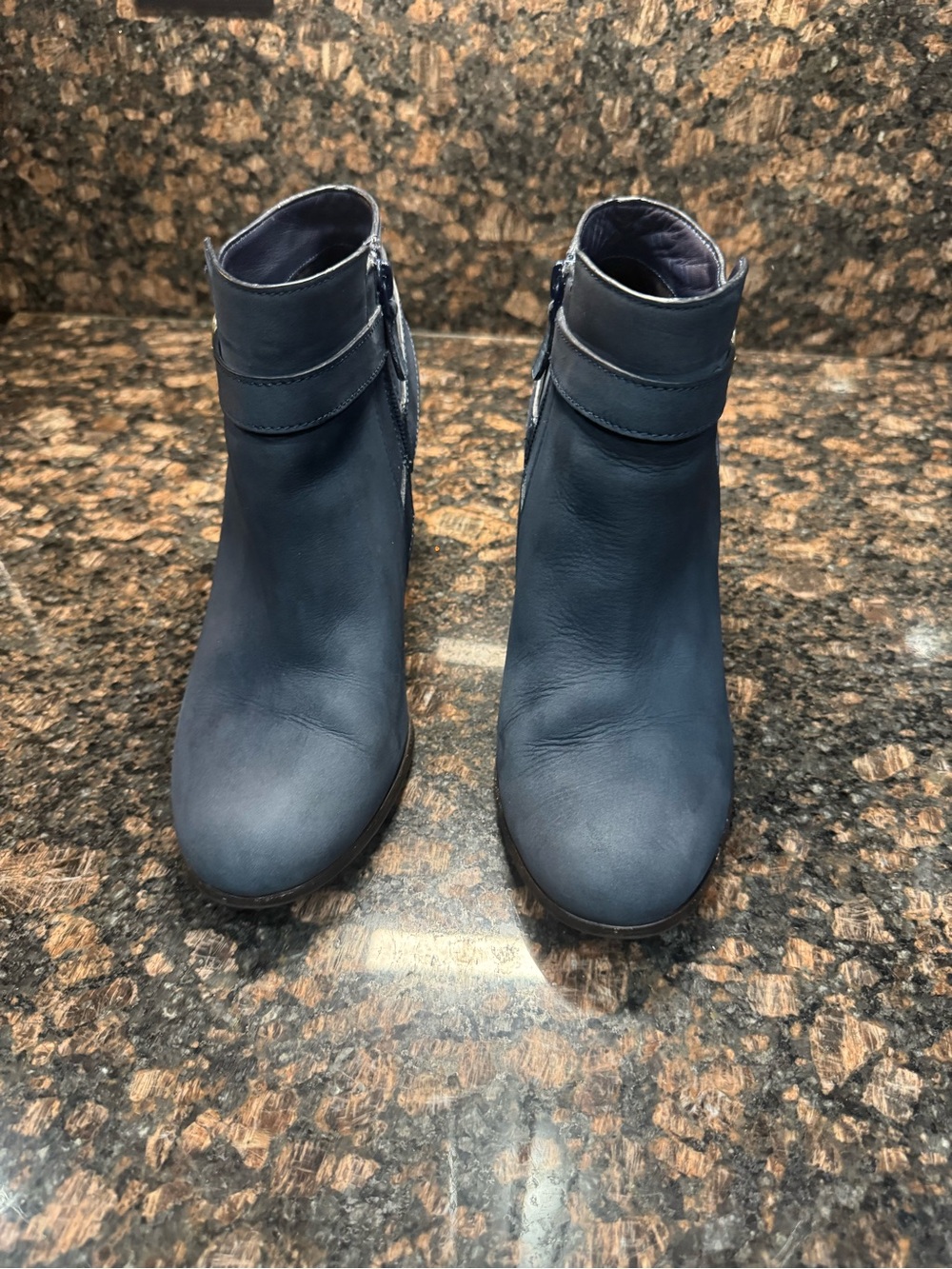 Cole Haan Navy Blue Leather Ankle Boots Women’s 8B Side Zip Block Heel